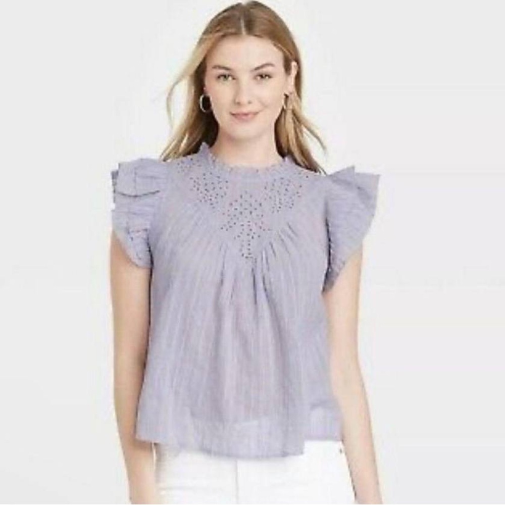 UNIVERSAL THREAD LILAC EMBROIDERED RUFFLE SLEEVE COTTAGECORE SHABBY CH…